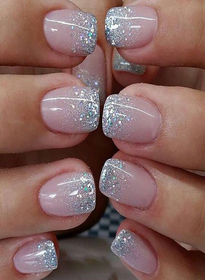 OCOUYVD Glitter Press on Nails Short Square Fake Nails Mixed Color Sparkle False Nails with Bling Designs Acrylic Nails Gloss Artificial Nails for Women Girls - Image 1